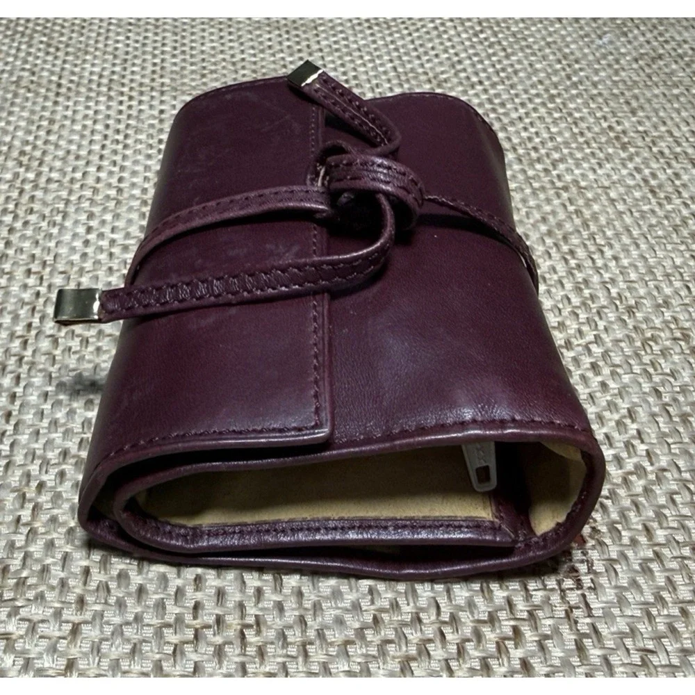 Mark Cross Leather Tri Fold Travel Pouch Burgundy Tie Lux Jewelry Roll Organizer